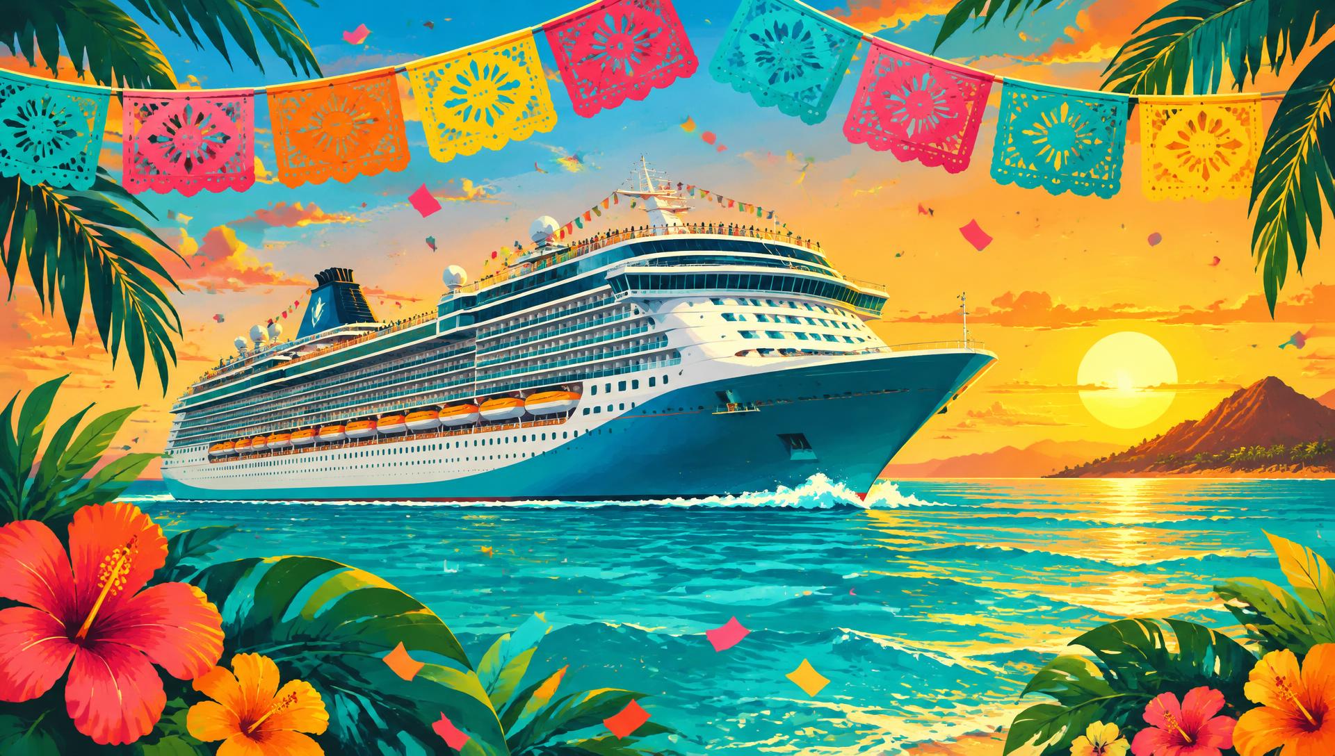 Festive illustration of a cruise ship at sunset with papel picado banners